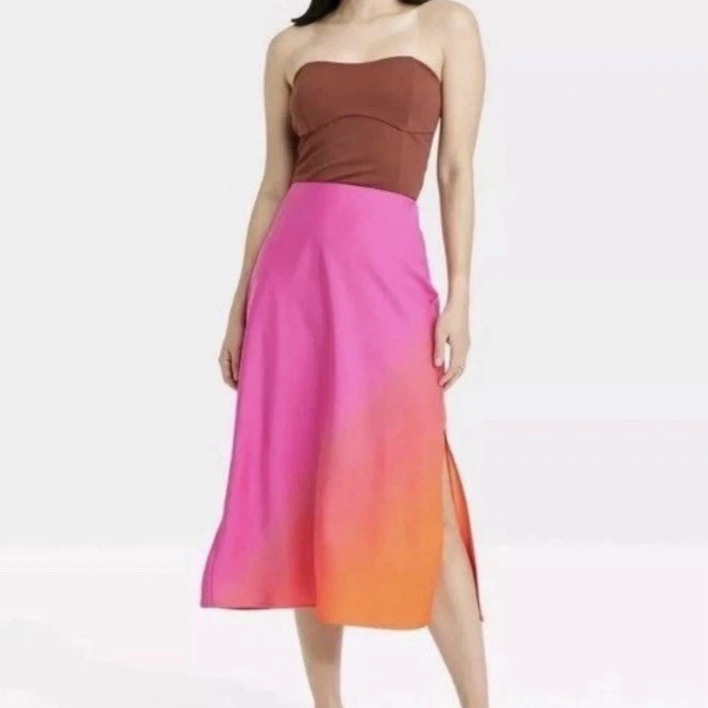 Ombré Elegant Pink and Orange Gradient Midi-Slip Skirt - Picture 3 of 4